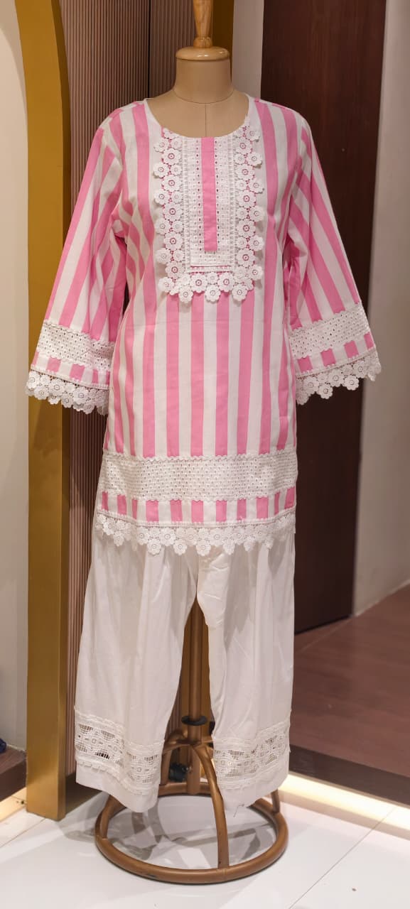 Premium Cotton Candy Stripe Short Length Co-Ord Set with Floral Eyelet Lace- 14881