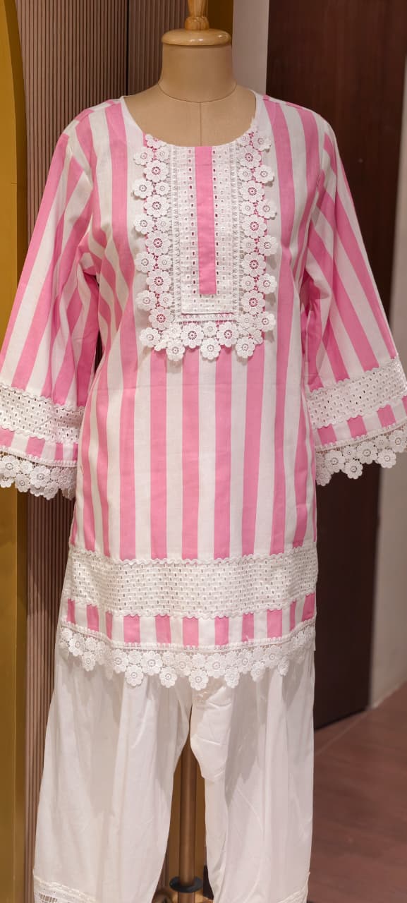 Premium Cotton Candy Stripe Short Length Co-Ord Set with Floral Eyelet Lace- 14881