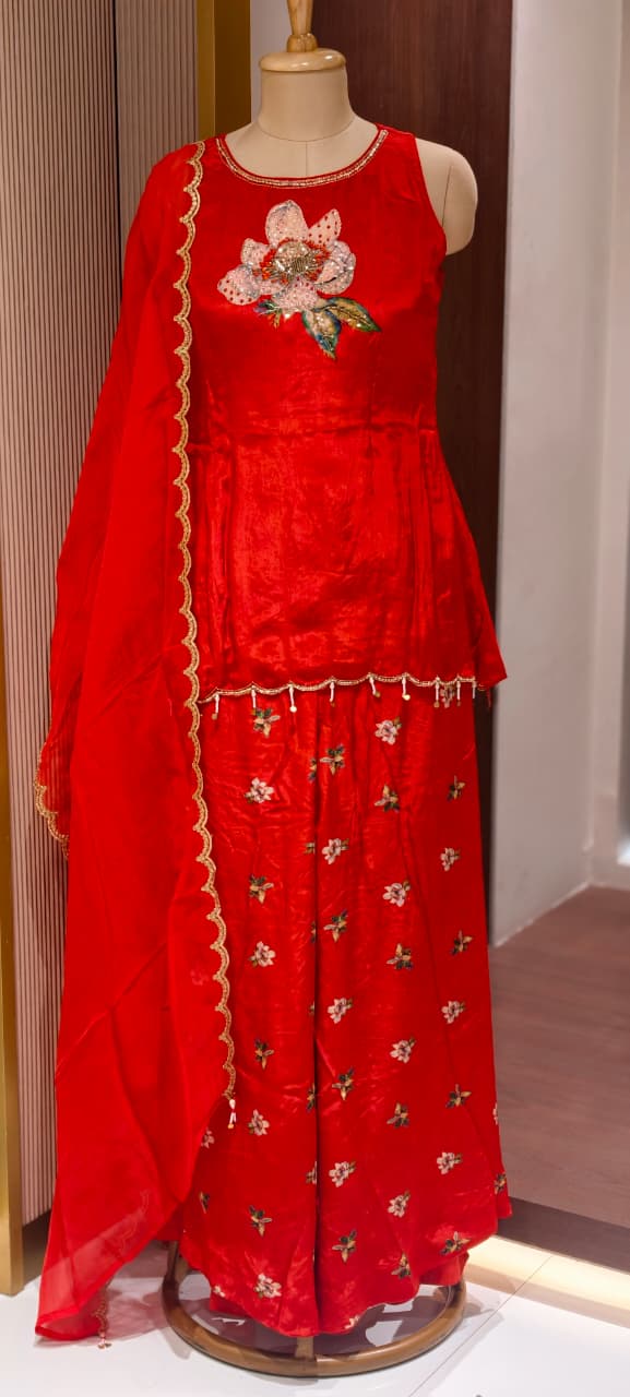 Premium Red Festive Short Length Kurti and Flared Palazzo Bottom Set with Floral Patchwork(S-