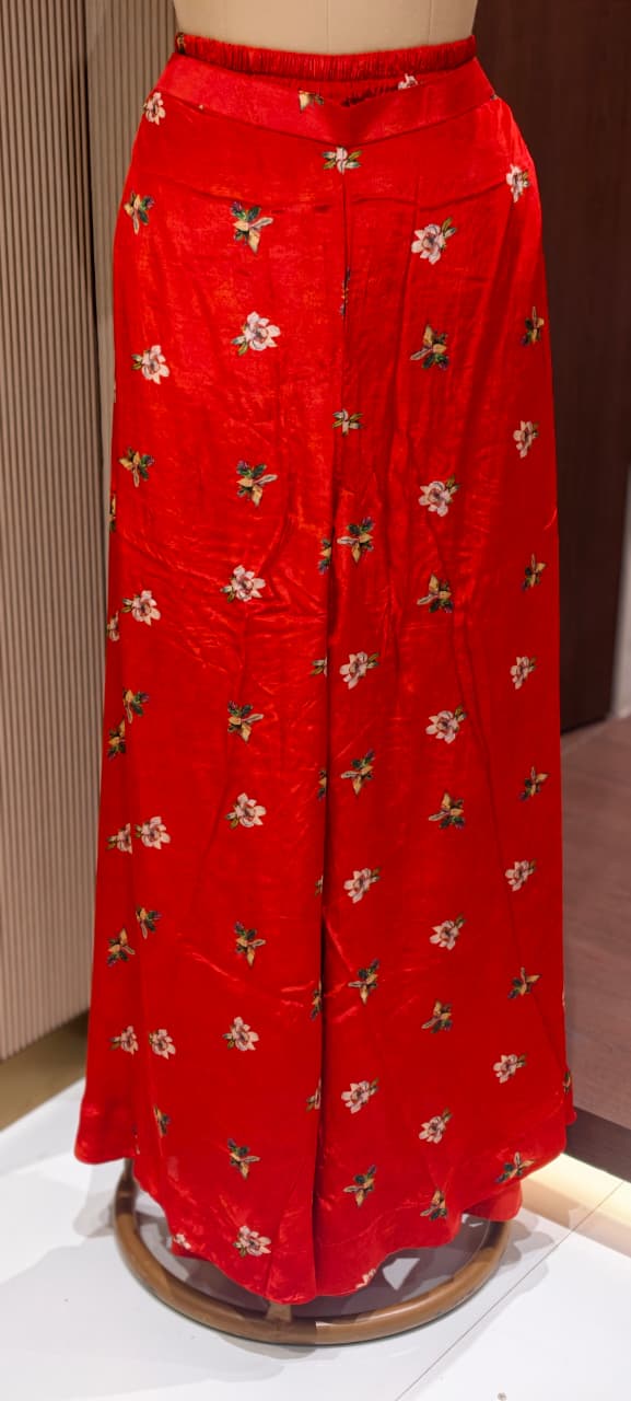 Premium Red Festive Short Length Kurti and Flared Palazzo Bottom Set with Floral Patchwork(S-