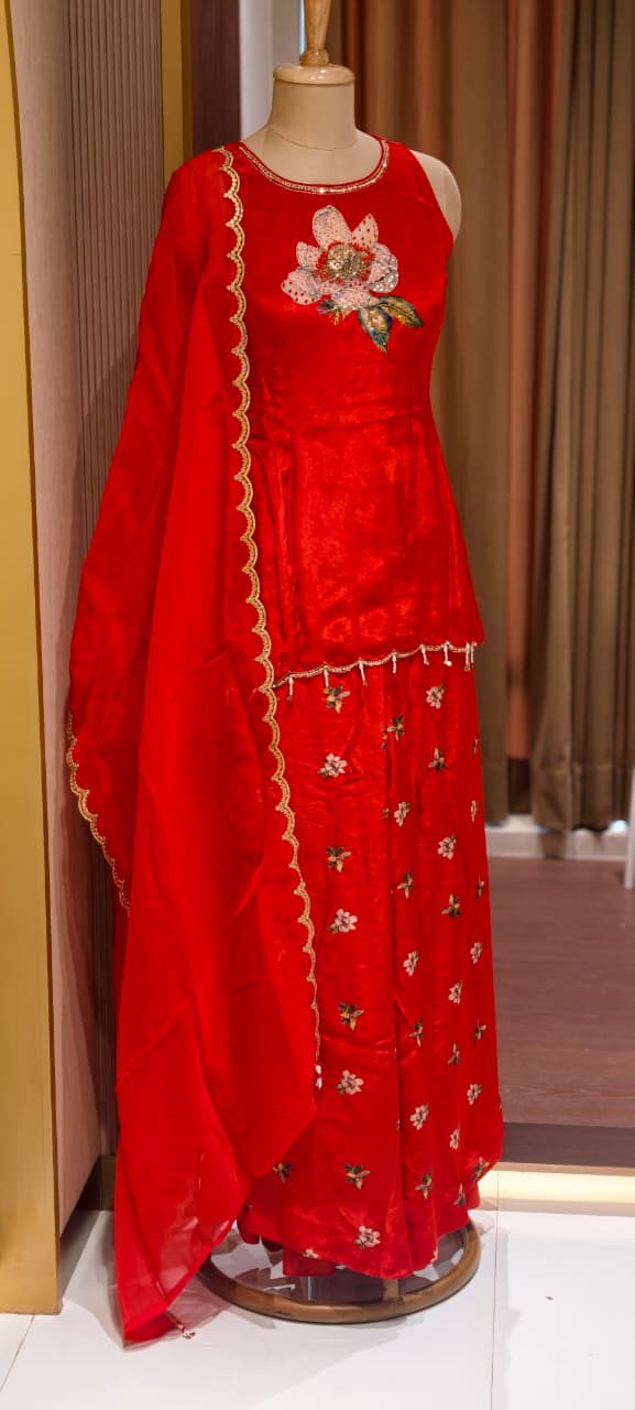 Premium Red Festive Short Length Kurti and Flared Palazzo Bottom Set with Floral Patchwork(S-