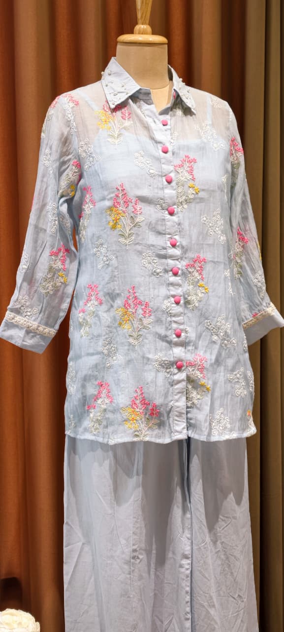Fine Intricate Floral Embroidery Pastel Glance Chanderi Co-Ord Set With Inner- 14921