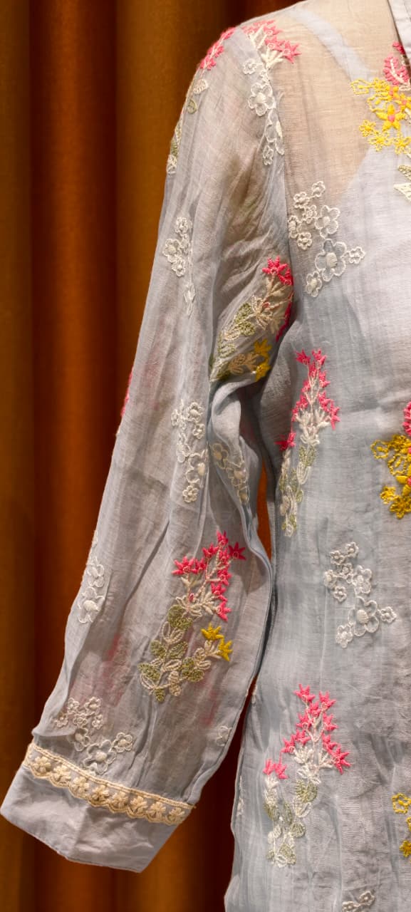 Fine Intricate Floral Embroidery Pastel Glance Chanderi Co-Ord Set With Inner- 14921