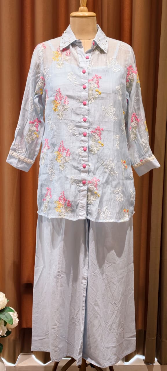 Fine Intricate Floral Embroidery Pastel Glance Chanderi Co-Ord Set With Inner- 14921