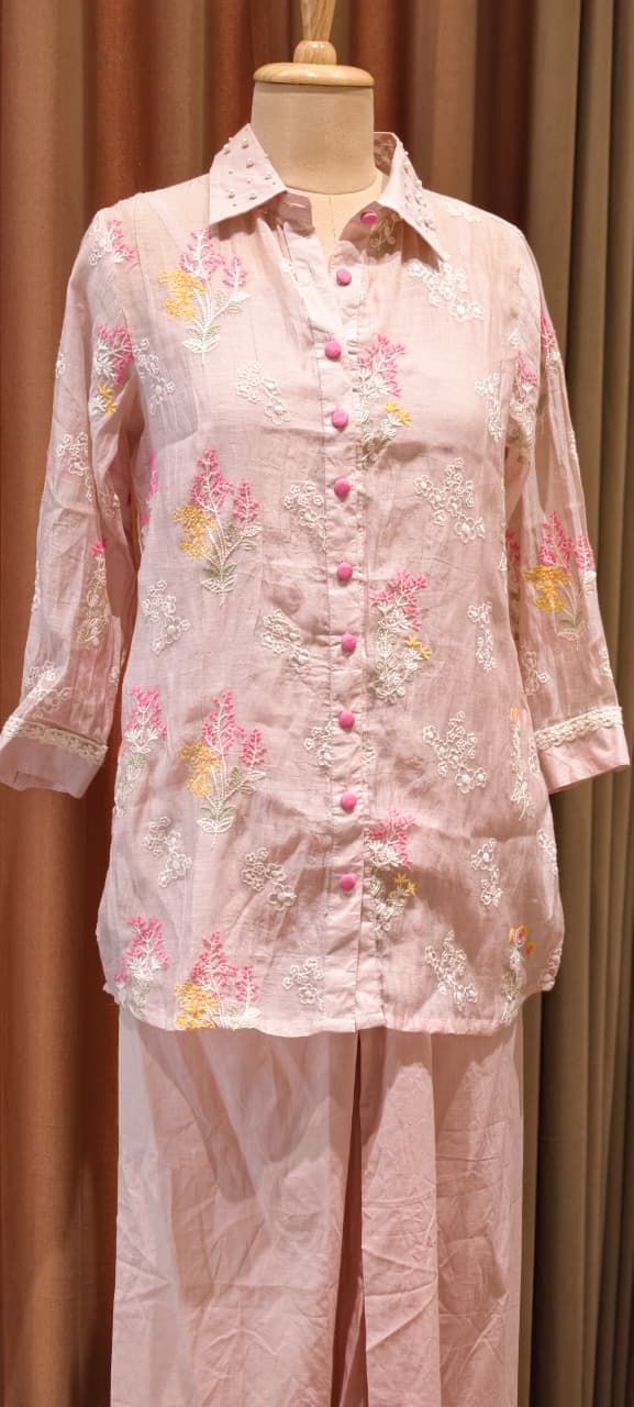 Fine Intricate Floral Embroidery Pastel Glance Chanderi Co-Ord Set With Inner- 14921