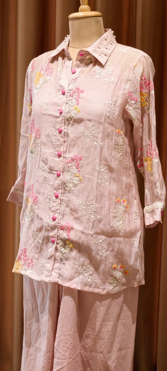 Fine Intricate Floral Embroidery Pastel Glance Chanderi Co-Ord Set With Inner- 14921