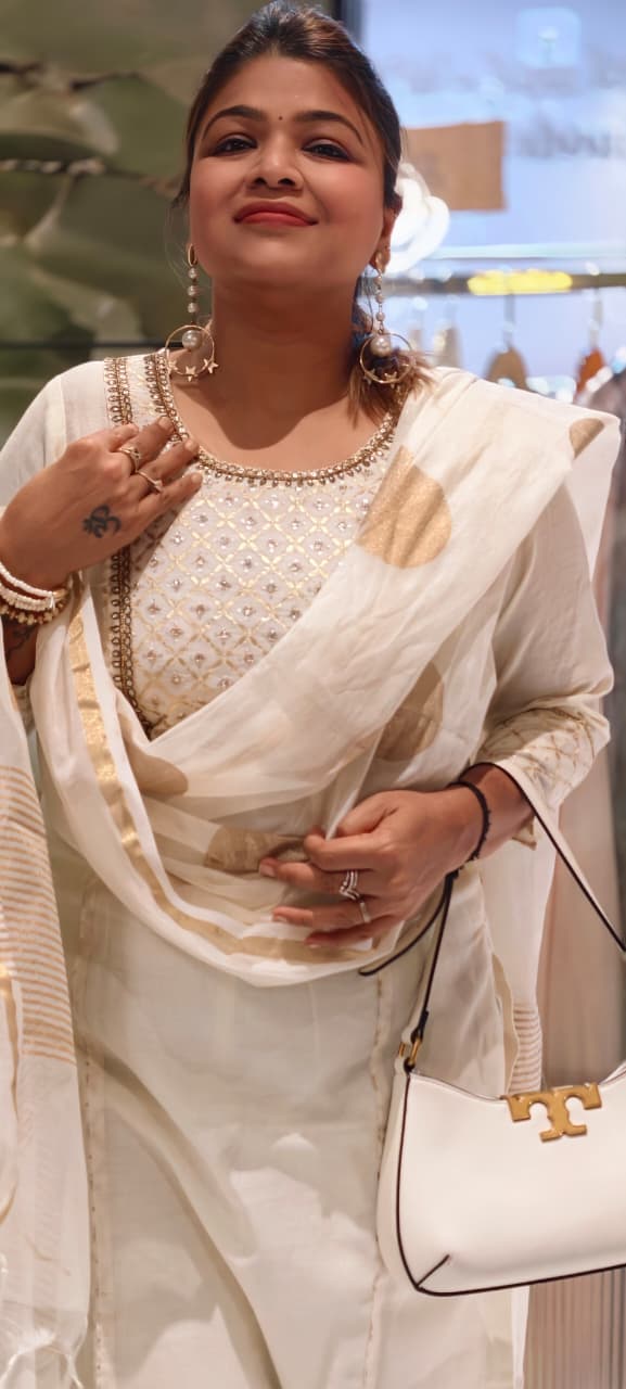 Pure Chanderi Elegant Off-White & Gold Embellished Full Suit Set with Statement Dupatta- 14922