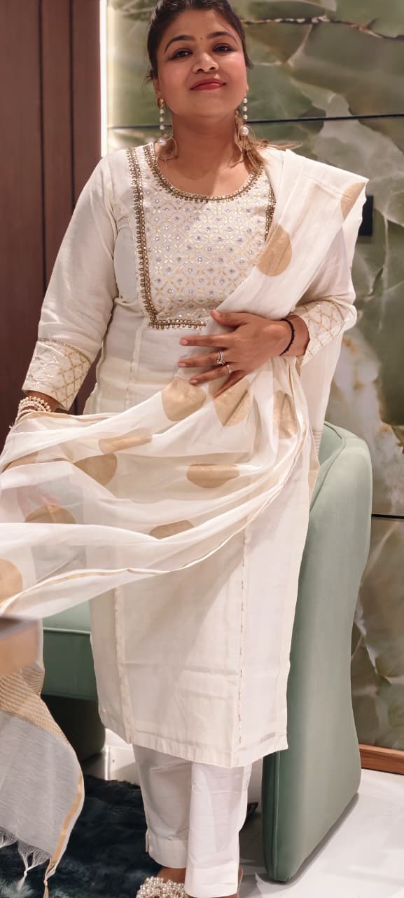 Pure Chanderi Elegant Off-White & Gold Embellished Full Suit Set with Statement Dupatta- 14922