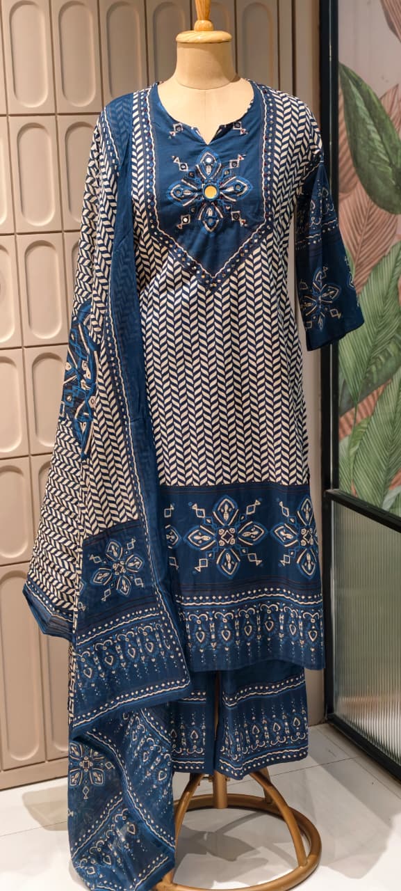Geometric Chevron Print 3-Piece Cotton Full Suit Set with Mirror-Work Yoke- 14920