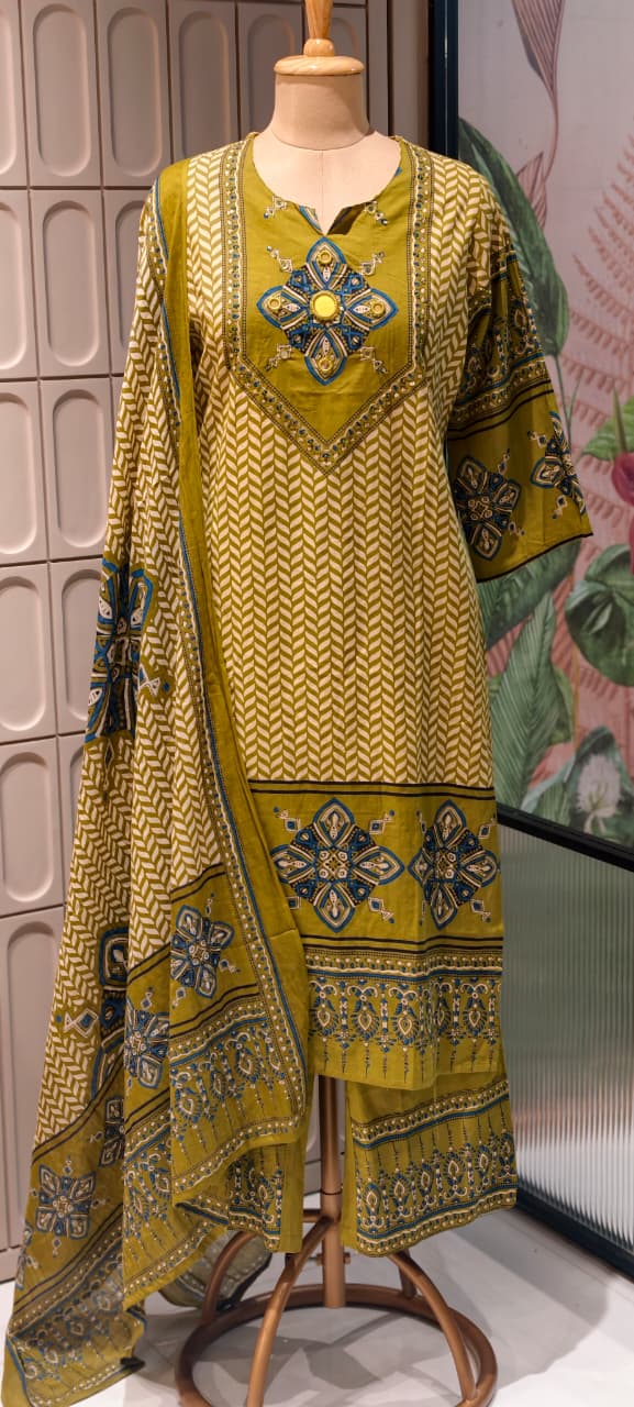 Geometric Chevron Print 3-Piece Cotton Full Suit Set with Mirror-Work Yoke- 14920