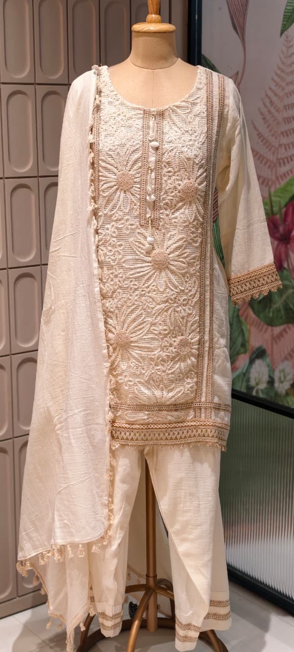 Ivory Floral Cutwork Embroidered 3-Piece Full Suit Set with Seashell Accents -14898
