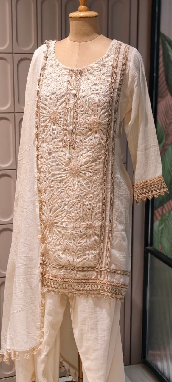Ivory Floral Cutwork Embroidered 3-Piece Full Suit Set with Seashell Accents -14898