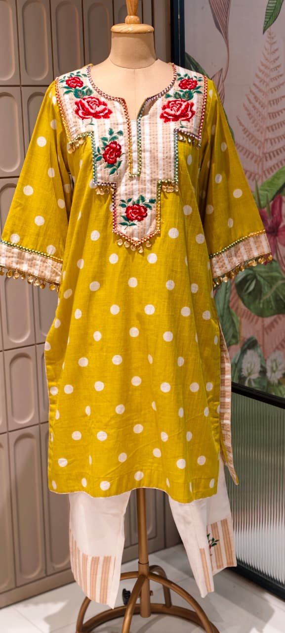 Boho Chic Vibrant Polka Dot Cotton Kurta Pant Set with Floral Patchwork- 14878