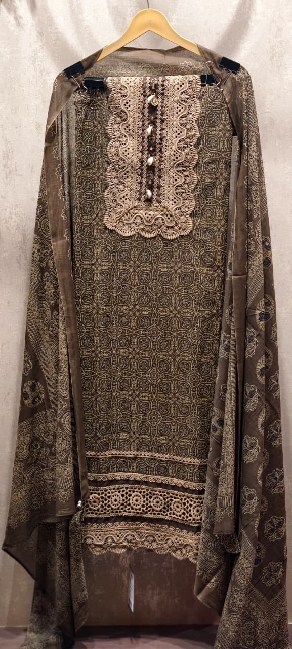 Premium Olive Brown Geometric Print Full Suit Set with Heavy Crosia Lace Detailing- 14910