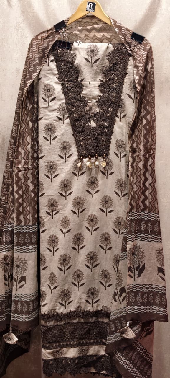 V-Neck Elegant Floral Block Print Cotton Unstitched Full Suit Set with Crochet Lace - 14905