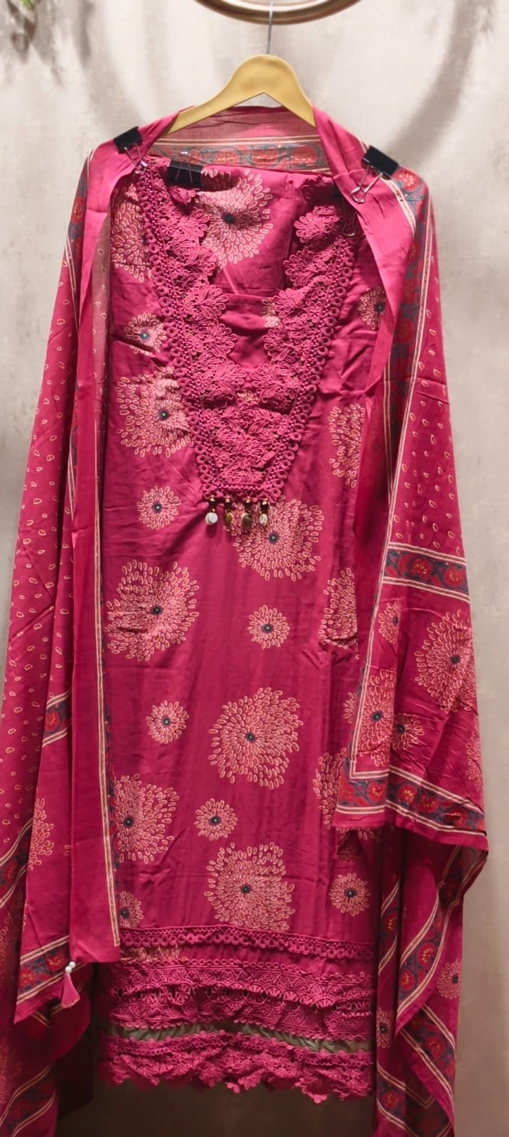 Premium Floral Print Cotton Full Suit Dupatta Set with Crosia Lace Detailing- 14911