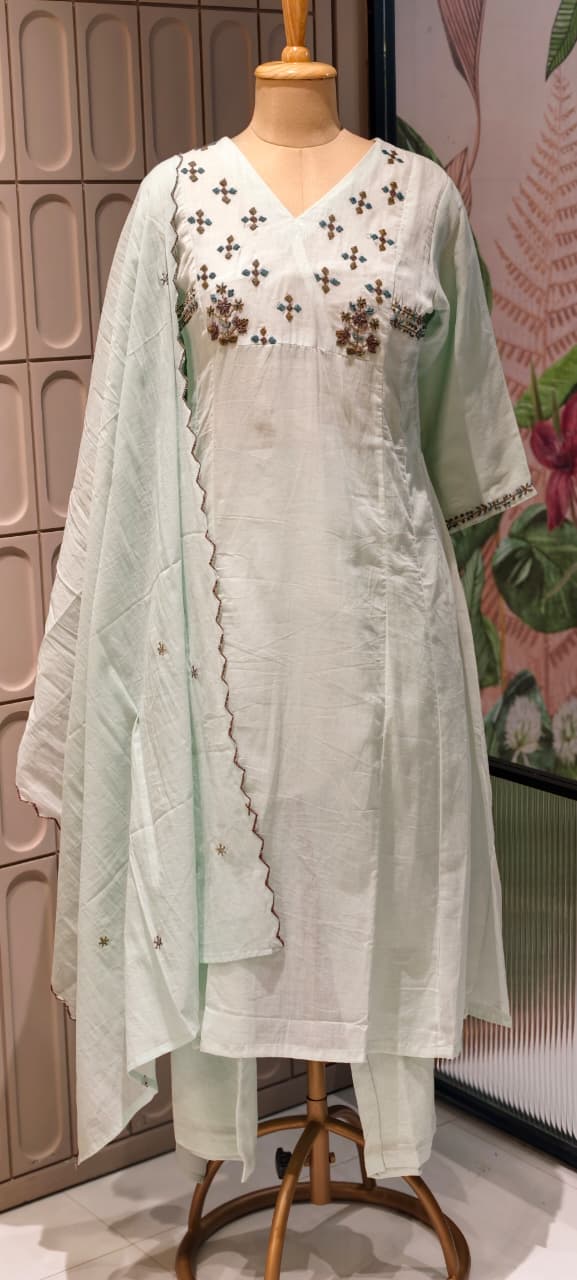 Premium Mul Cotton Delicate Embroidered A-Line Full Suit Set with Dupatta- 14893