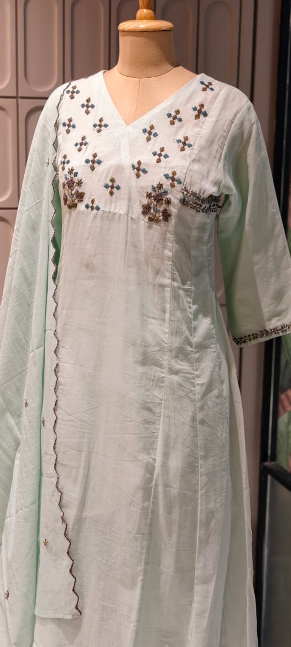 Premium Mul Cotton Delicate Embroidered A-Line Full Suit Set with Dupatta- 14893