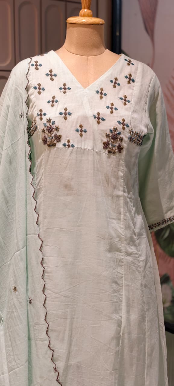 Premium Mul Cotton Delicate Embroidered A-Line Full Suit Set with Dupatta- 14893