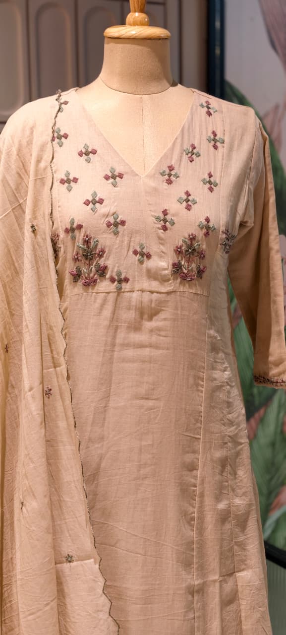 Premium Mul Cotton Delicate Embroidered A-Line Full Suit Set with Dupatta- 14893