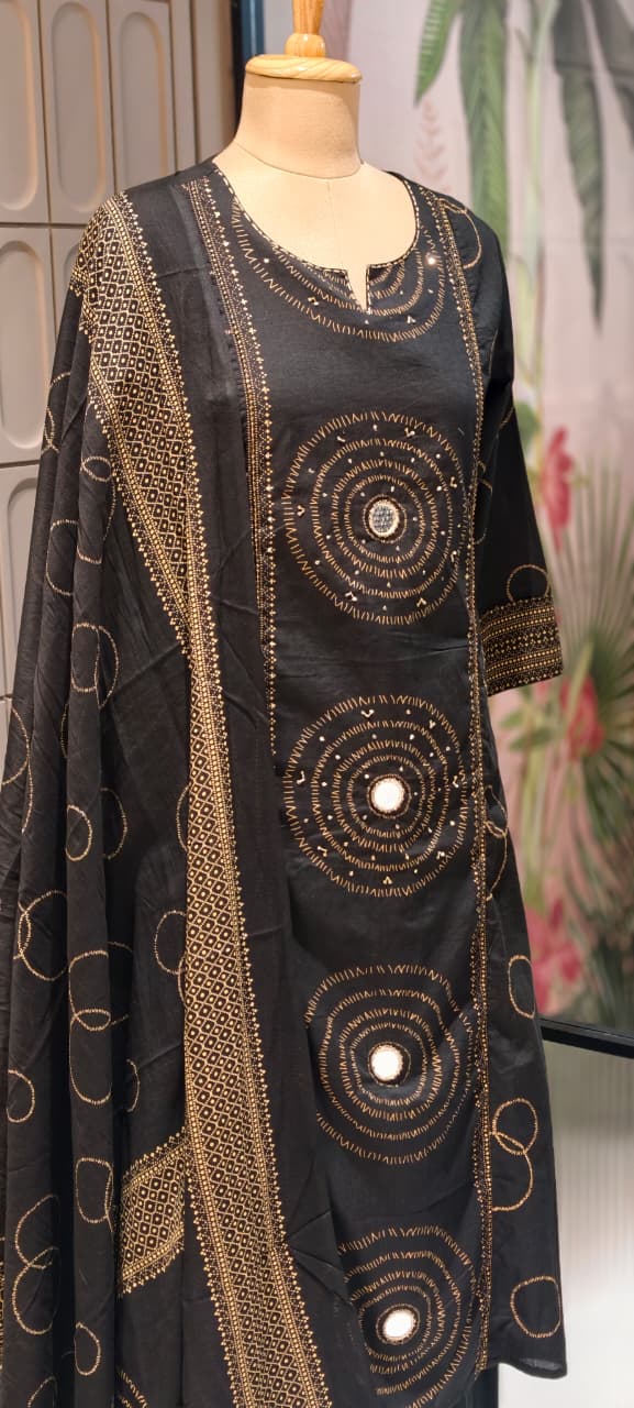 Rounded Print With Real Mirror Touch A-Line Cotton Full Suit Set With Dupatta- 14919