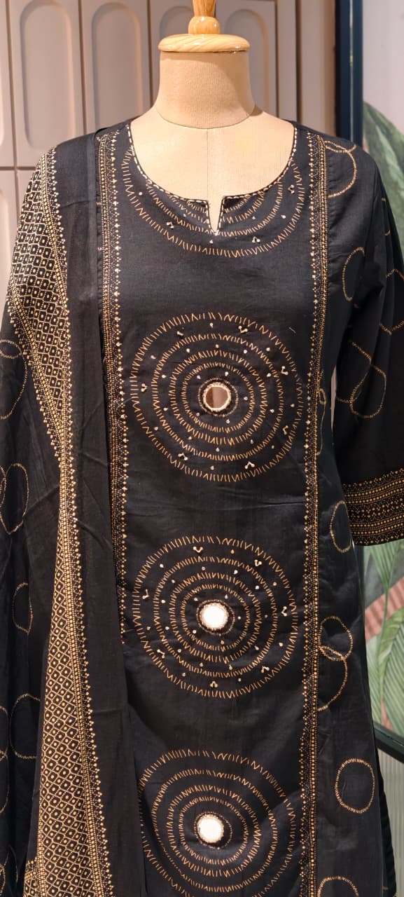 Rounded Print With Real Mirror Touch A-Line Cotton Full Suit Set With Dupatta- 14919