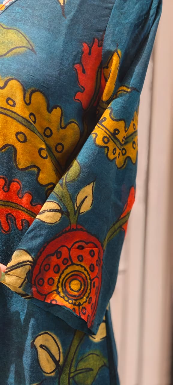 Foil Neckline Ajrakh Floral Print Muslin Full Suit Set With Dupatta- 14896