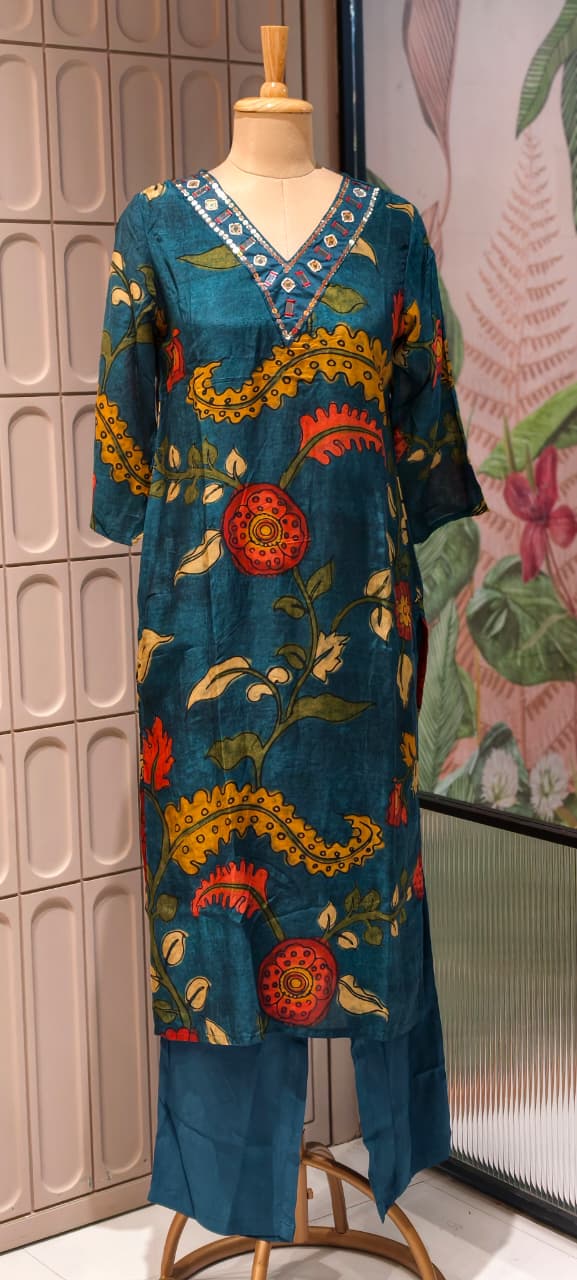 Foil Neckline Ajrakh Floral Print Muslin Full Suit Set With Dupatta- 14896