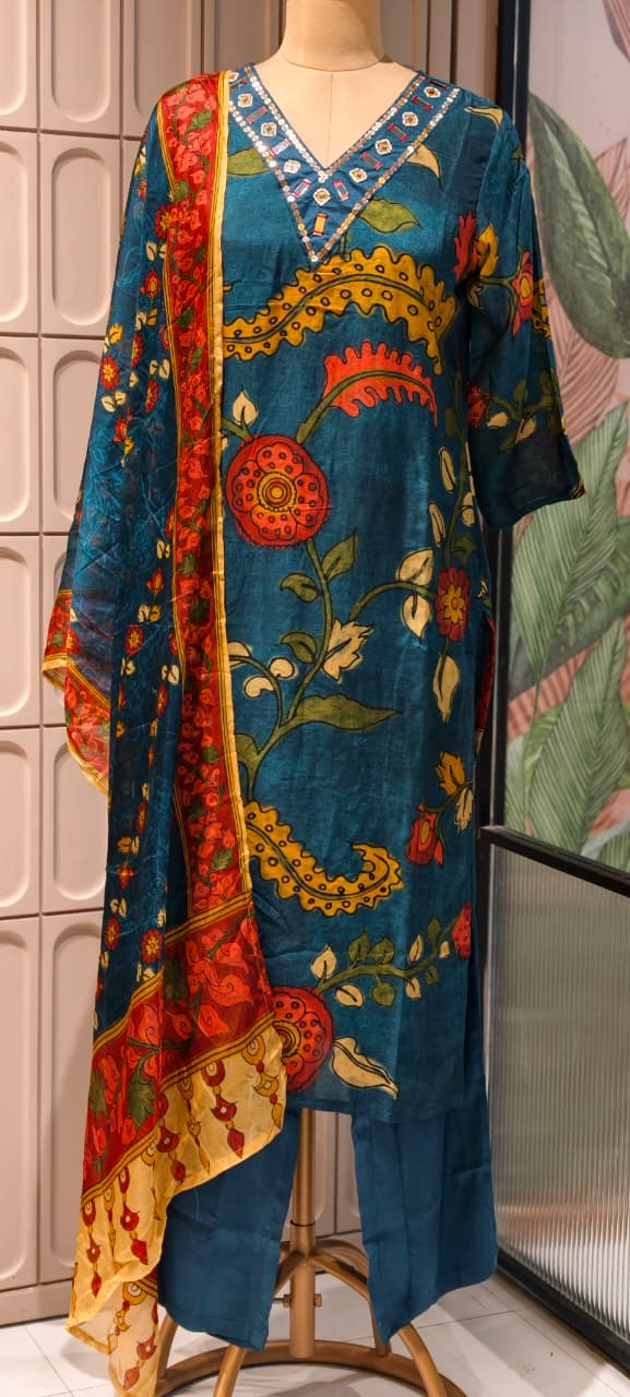 Foil Neckline Ajrakh Floral Print Muslin Full Suit Set With Dupatta- 14896