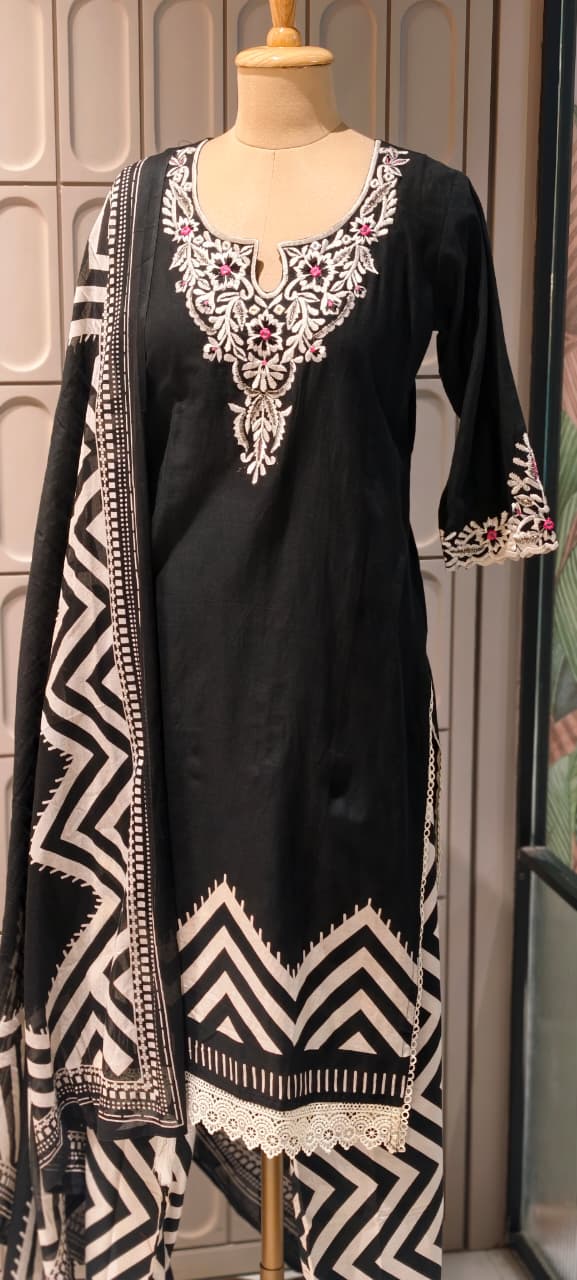 Fine Floral Embroidery Yoke With Striped Accent Cotton Full Suit Set With Dupatta- 14598
