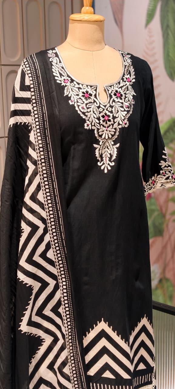 Fine Floral Embroidery Yoke With Striped Accent Cotton Full Suit Set With Dupatta- 14598