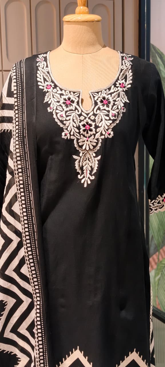Fine Floral Embroidery Yoke With Striped Accent Cotton Full Suit Set With Dupatta- 14598