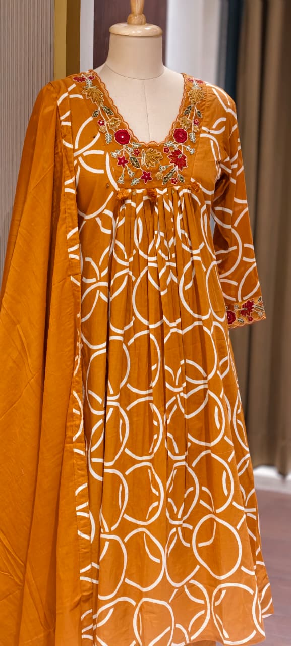 Premium Geometric Print Cotton Gathered A-Line Full Suit Set with Floral Embroidered Neckline & Dupatta (Dispatching From Monday)