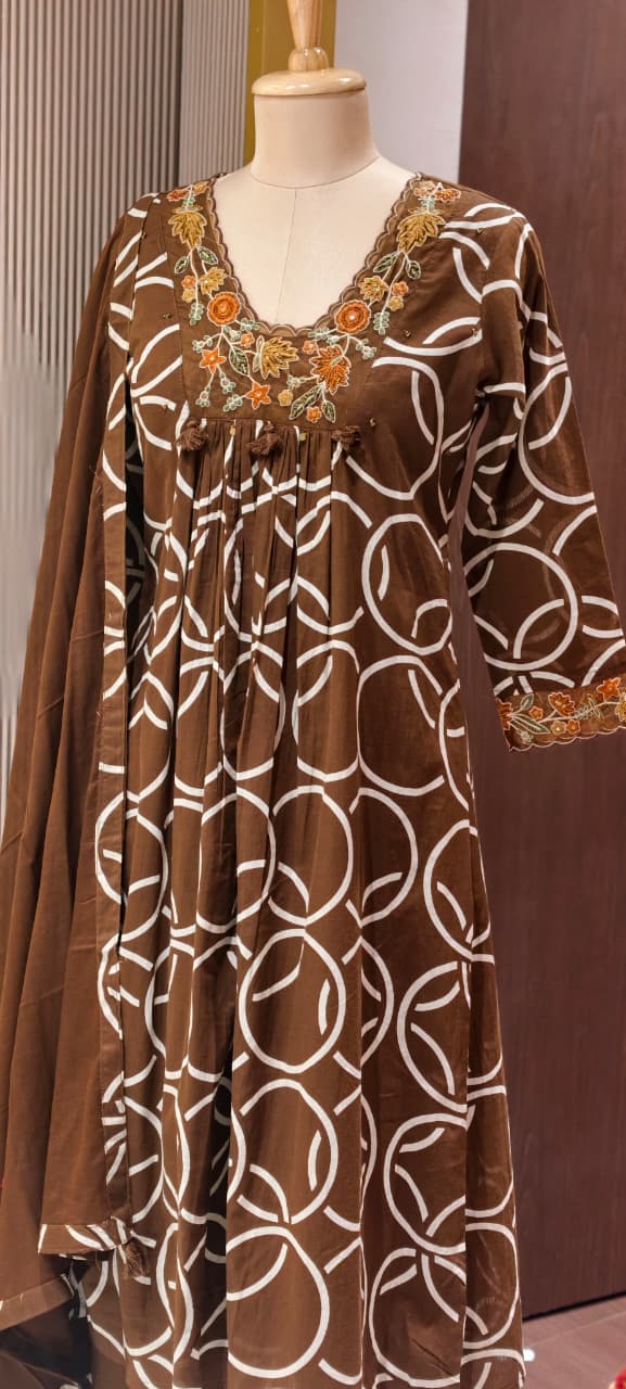 Premium Geometric Print Cotton Gathered A-Line Full Suit Set with Floral Embroidered Neckline & Dupatta (Dispatching From Monday)
