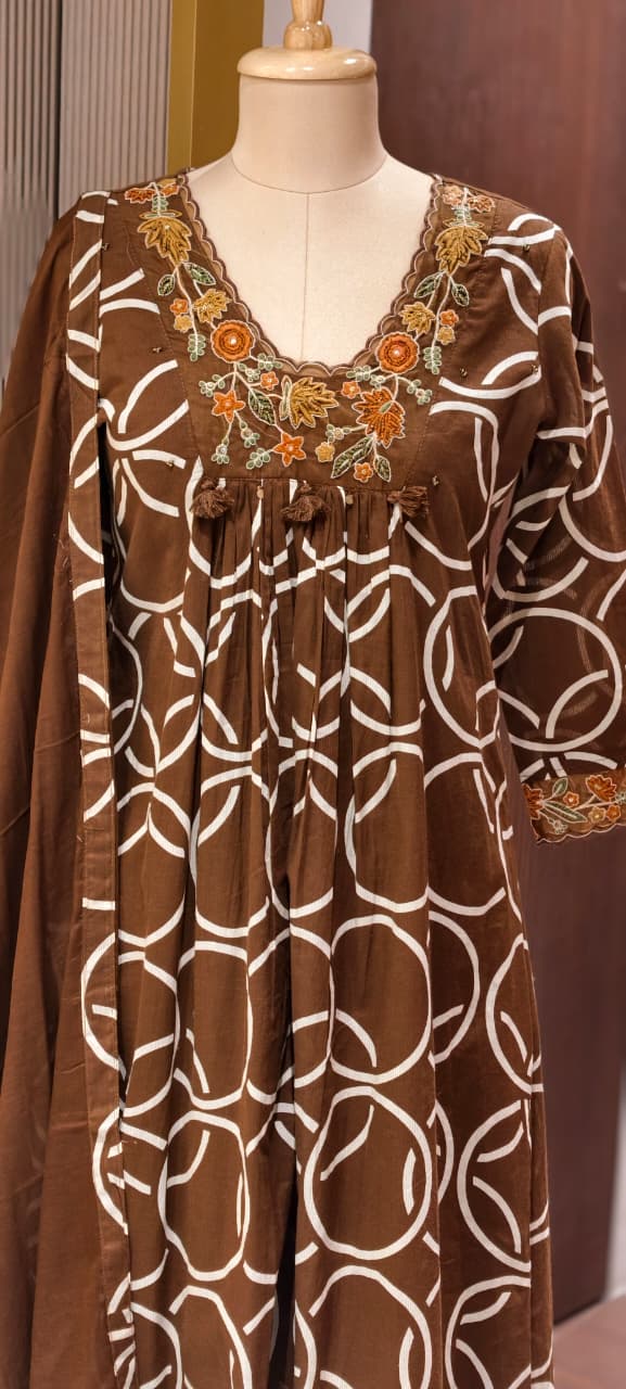 Premium Geometric Print Cotton Gathered A-Line Full Suit Set with Floral Embroidered Neckline & Dupatta (Dispatching From Monday)