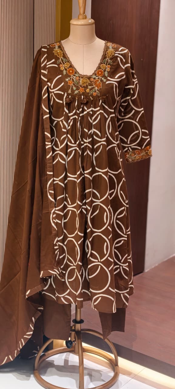 Premium Geometric Print Cotton Gathered A-Line Full Suit Set with Floral Embroidered Neckline & Dupatta (Dispatching From Monday)