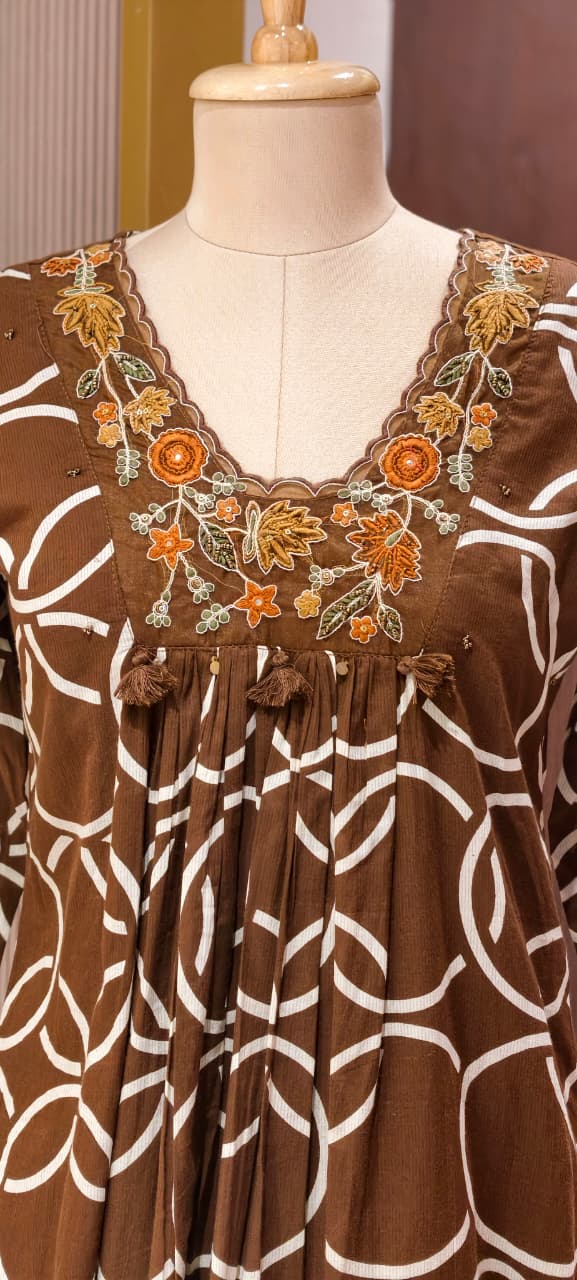 Premium Geometric Print Cotton Gathered A-Line Full Suit Set with Floral Embroidered Neckline & Dupatta (Dispatching From Monday)