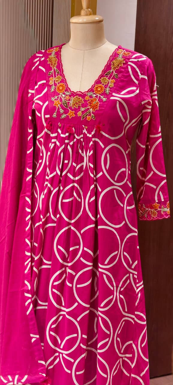 Premium Geometric Print Cotton Gathered A-Line Full Suit Set with Floral Embroidered Neckline & Dupatta (Dispatching From Monday)