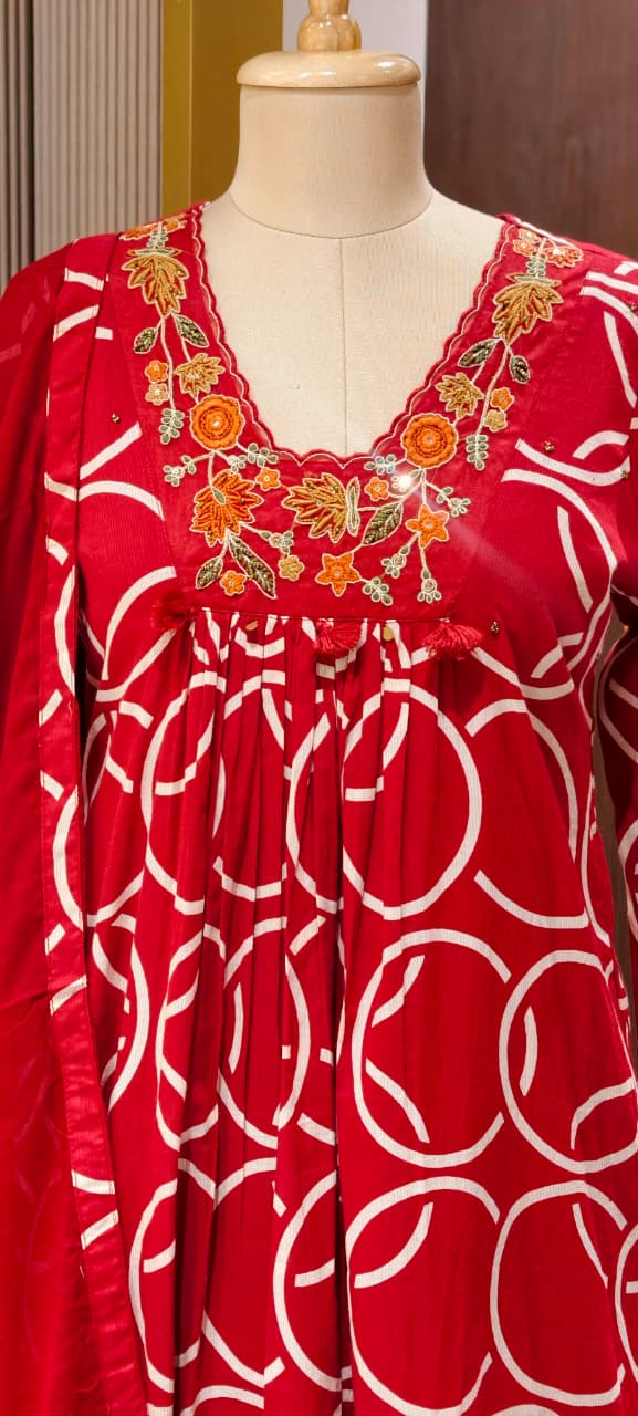 Premium Geometric Print Cotton Gathered A-Line Full Suit Set with Floral Embroidered Neckline & Dupatta (Dispatching From Monday)