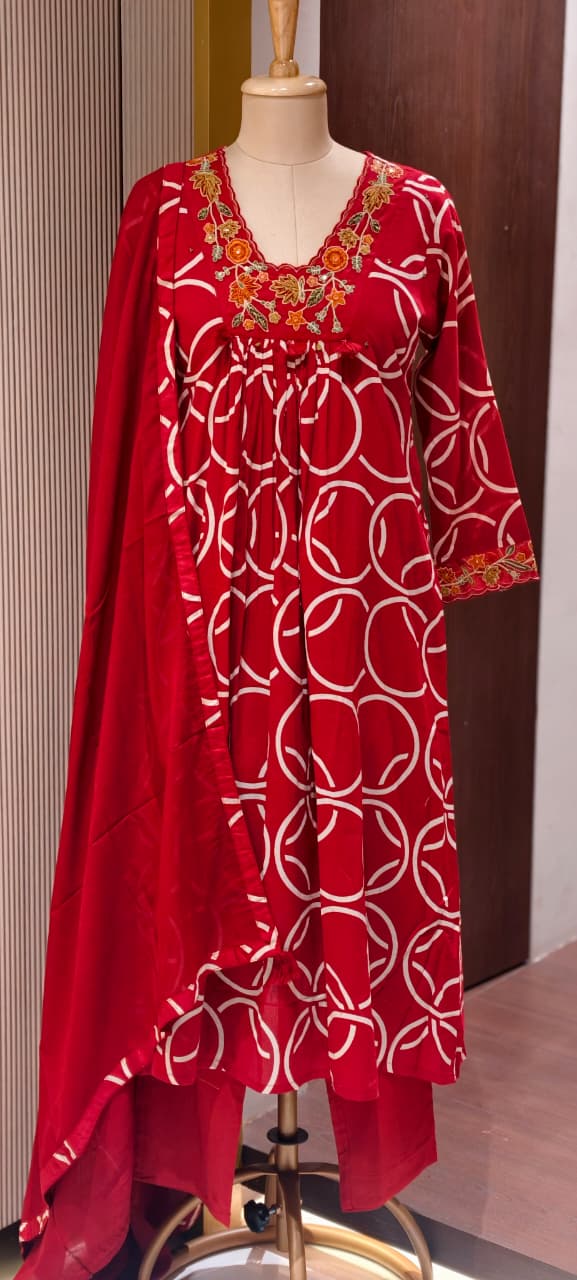 Premium Geometric Print Cotton Gathered A-Line Full Suit Set with Floral Embroidered Neckline & Dupatta (Dispatching From Monday)