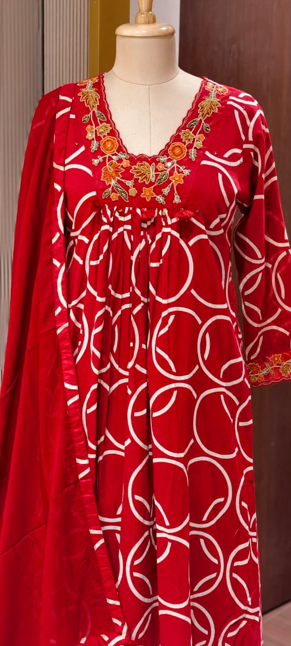 Premium Geometric Print Cotton Gathered A-Line Full Suit Set with Floral Embroidered Neckline & Dupatta (Dispatching From Monday)