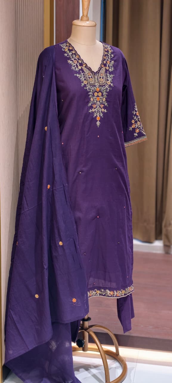 Classic Cotton Straight Full Suit Set with Intricate Kashmiri Paisley Embroidery & Dupatta- 14895 (Dispatching From Monday)