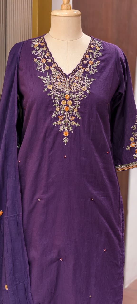 Classic Cotton Straight Full Suit Set with Intricate Kashmiri Paisley Embroidery & Dupatta- 14895 (Dispatching From Monday)