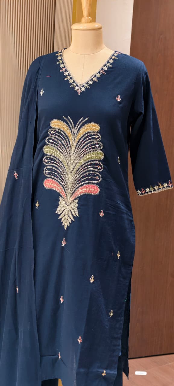 Premium Cotton Straight Full Suit Set with Statement Tree-of-Life Embroidery & Tassel Dupatta- 14895 (Dispatching From Monday)
