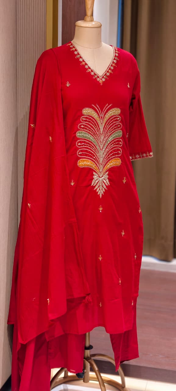 Premium Cotton Straight Full Suit Set with Statement Tree-of-Life Embroidery & Tassel Dupatta- 14895 (Dispatching From Monday)