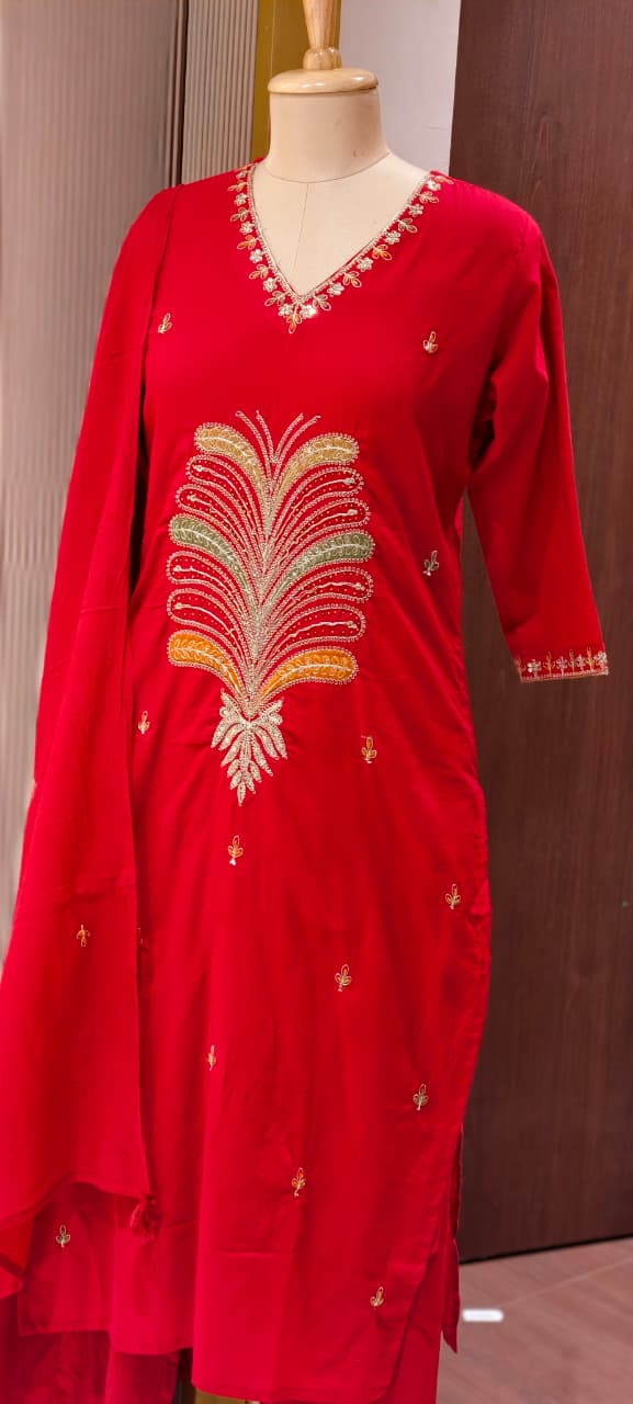 Premium Cotton Straight Full Suit Set with Statement Tree-of-Life Embroidery & Tassel Dupatta- 14895 (Dispatching From Monday)