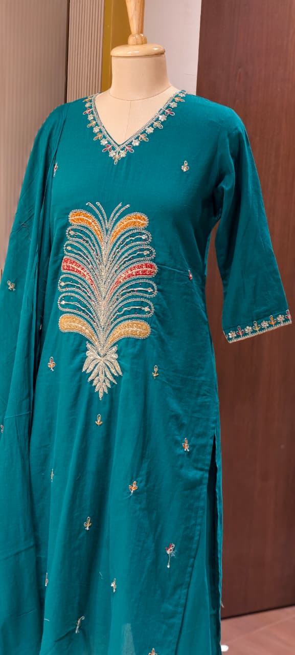 Premium Cotton Straight Full Suit Set with Statement Tree-of-Life Embroidery & Tassel Dupatta- 14895 (Dispatching From Monday)