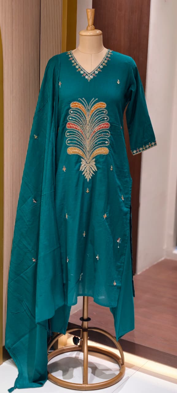 Premium Cotton Straight Full Suit Set with Statement Tree-of-Life Embroidery & Tassel Dupatta- 14895 (Dispatching From Monday)