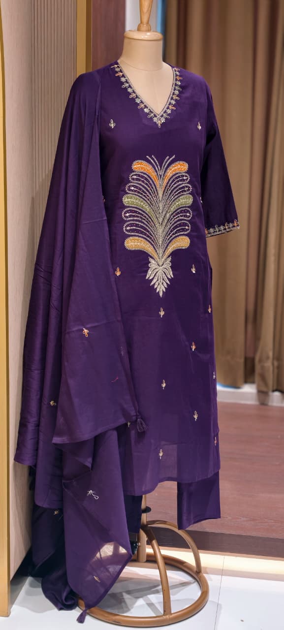 Premium Cotton Straight Full Suit Set with Statement Tree-of-Life Embroidery & Tassel Dupatta- 14895 (Dispatching From Monday)