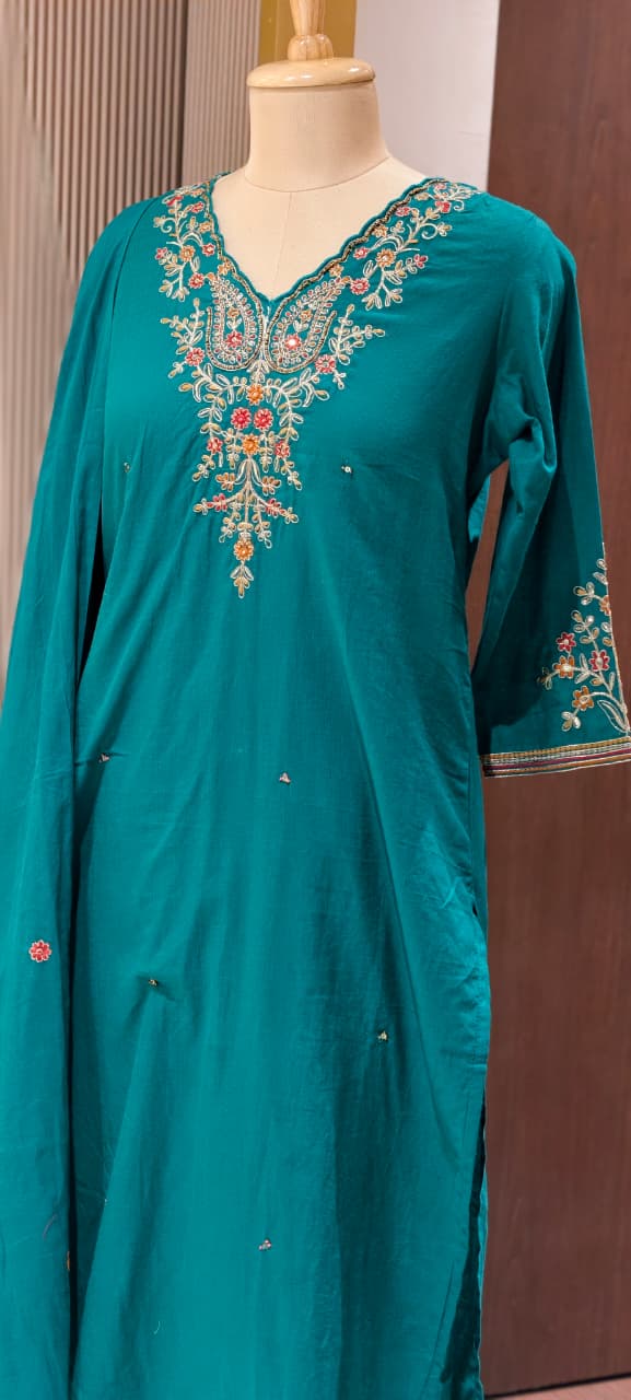 Classic Cotton Straight Full Suit Set with Intricate Kashmiri Paisley Embroidery & Dupatta- 14895 (Dispatching From Monday)